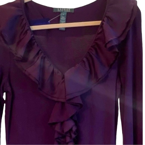 Lauren By Ralph Lauren. V-neckline Top With Ruffle Detail. Burgundy. Size Small - Picture 2 of 14
